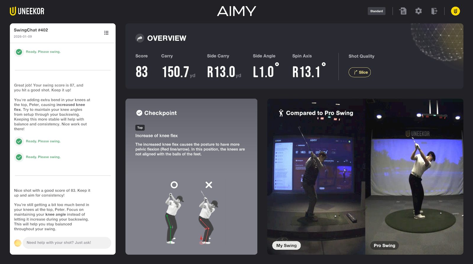 AIMY の画面。左に会話の欄、右にスコアと6項目のチャート、プロとの比較（UNEEKOR 公式・ベータ版）