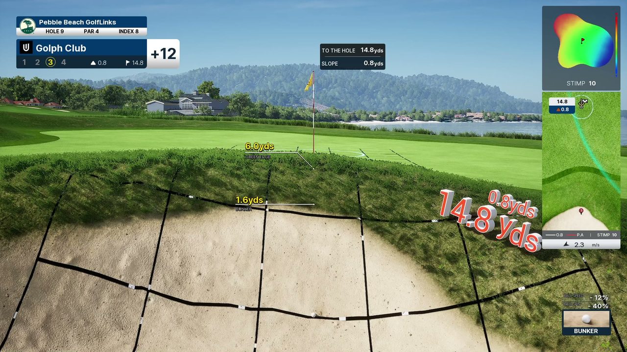 バンカーからの寄せ。BALL SPEED -12% BALL SPIN -40% の表示と、グリーン周りの格子