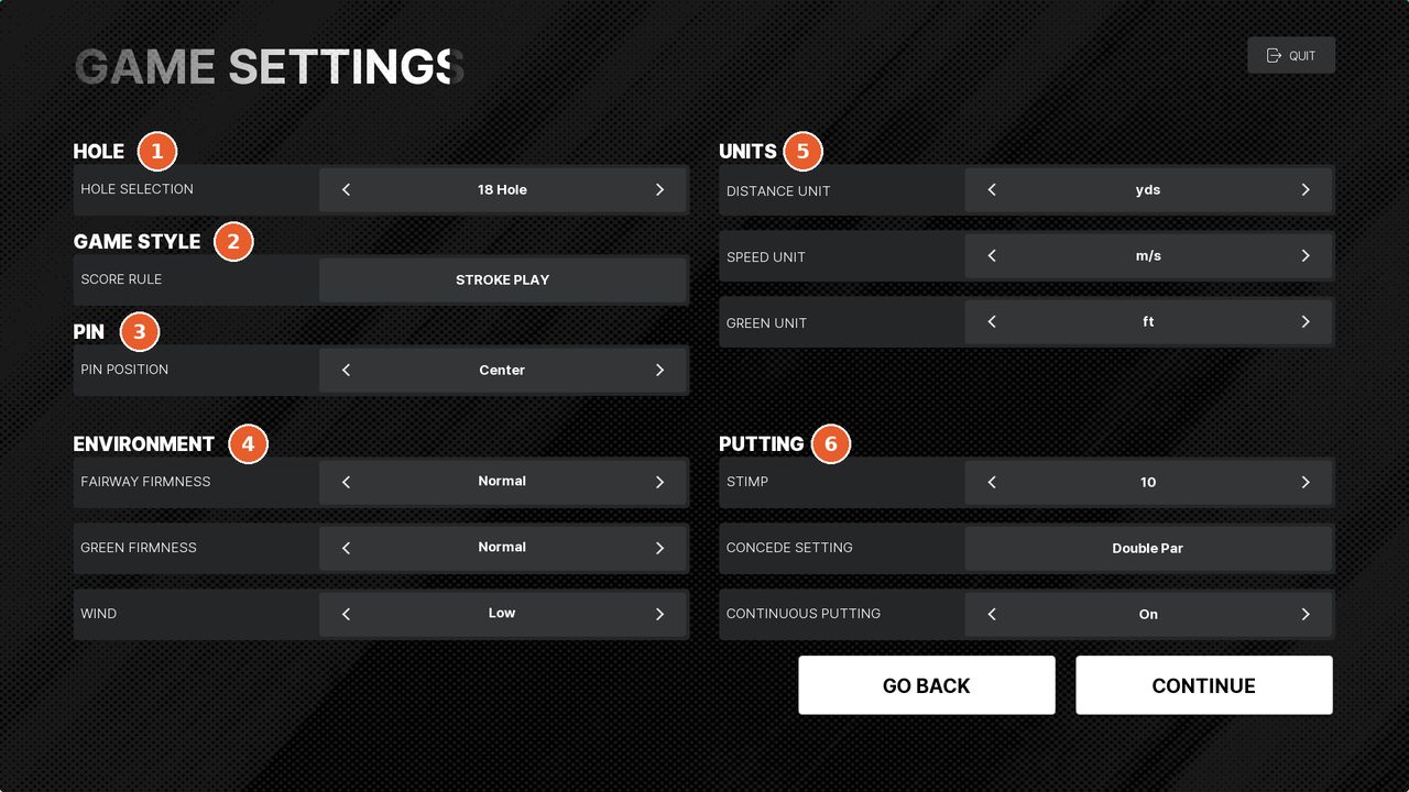 手元モニターの GAME SETTINGS。HOLE・GAME STYLE・PIN・ENVIRONMENT・UNITS・PUTTING の項目と、値の左右の矢印