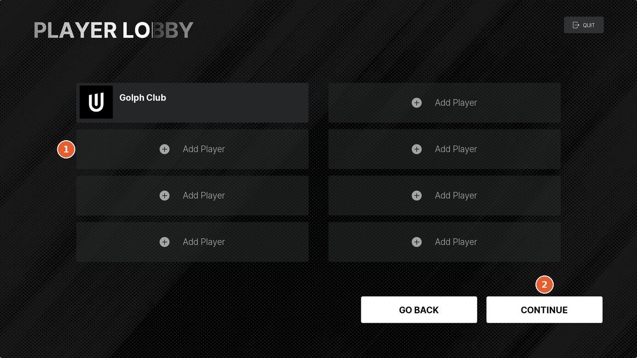 手元モニターの PLAYER LOBBY。Golph Club の枠と、7つの Add Player の枠、右下に GO BACK と CONTINUE