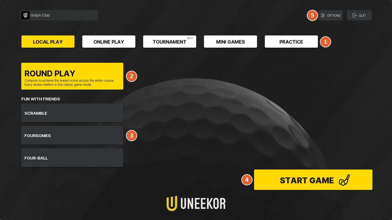 手元モニターのメインメニュー。上に LOCAL PLAY・ONLINE PLAY・TOURNAMENT・MINI GAMES・PRACTICE のタブ、左に ROUND PLAY と FUN WITH FRIENDS の SCRAMBLE・FOURSOMES・FOUR-BALL、右下に START GAME