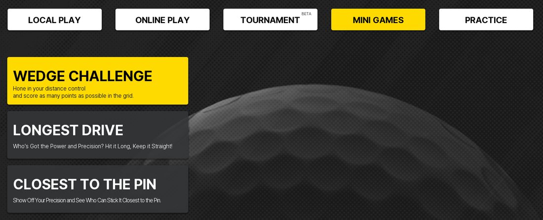 GAMEDAY の手元モニターの MINI GAMES タブ。WEDGE CHALLENGE・LONGEST DRIVE・CLOSEST TO THE PIN