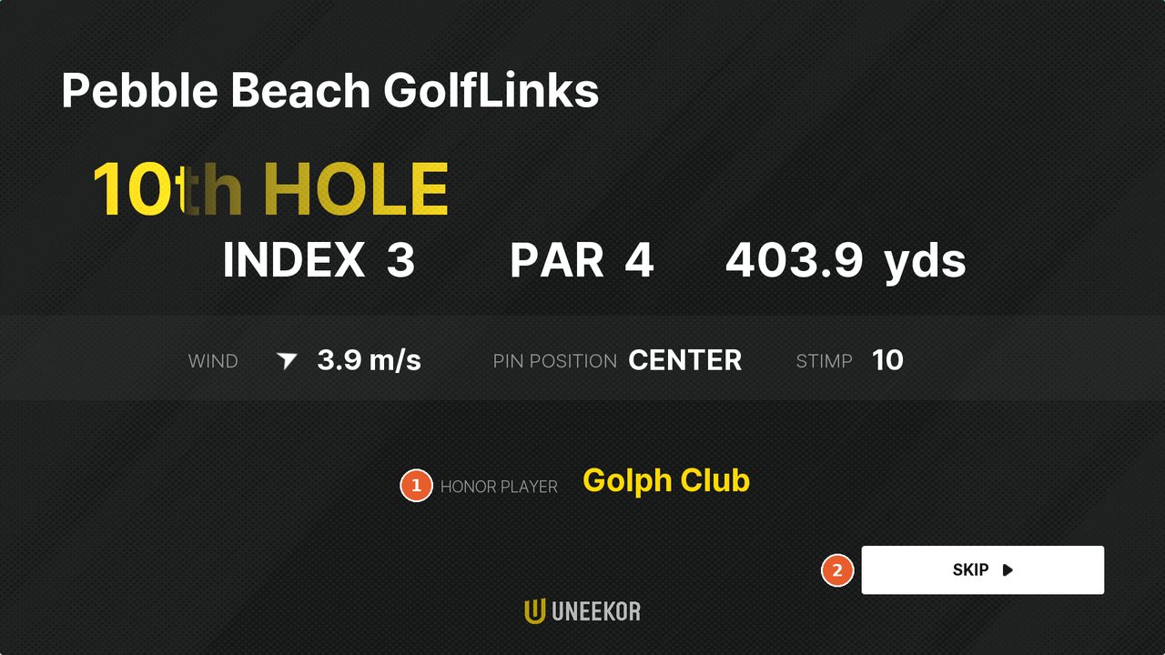 手元モニターのホール紹介。10th HOLE・INDEX 3・PAR 4・403.9 yds、風・ピンの位置・STIMP、HONOR PLAYER と SKIP ボタン
