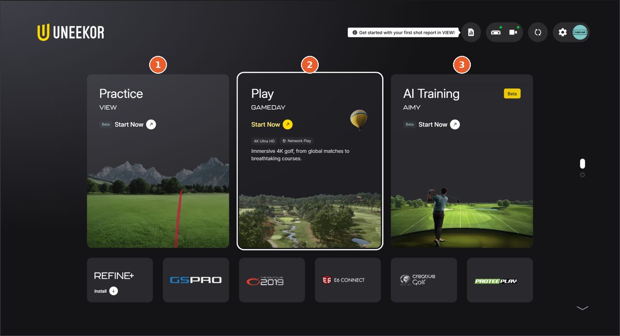 UNEEKOR Launcher。左から Practice（VIEW）、Play（GAMEDAY）、AI Training（AIMY）の3枚のカード