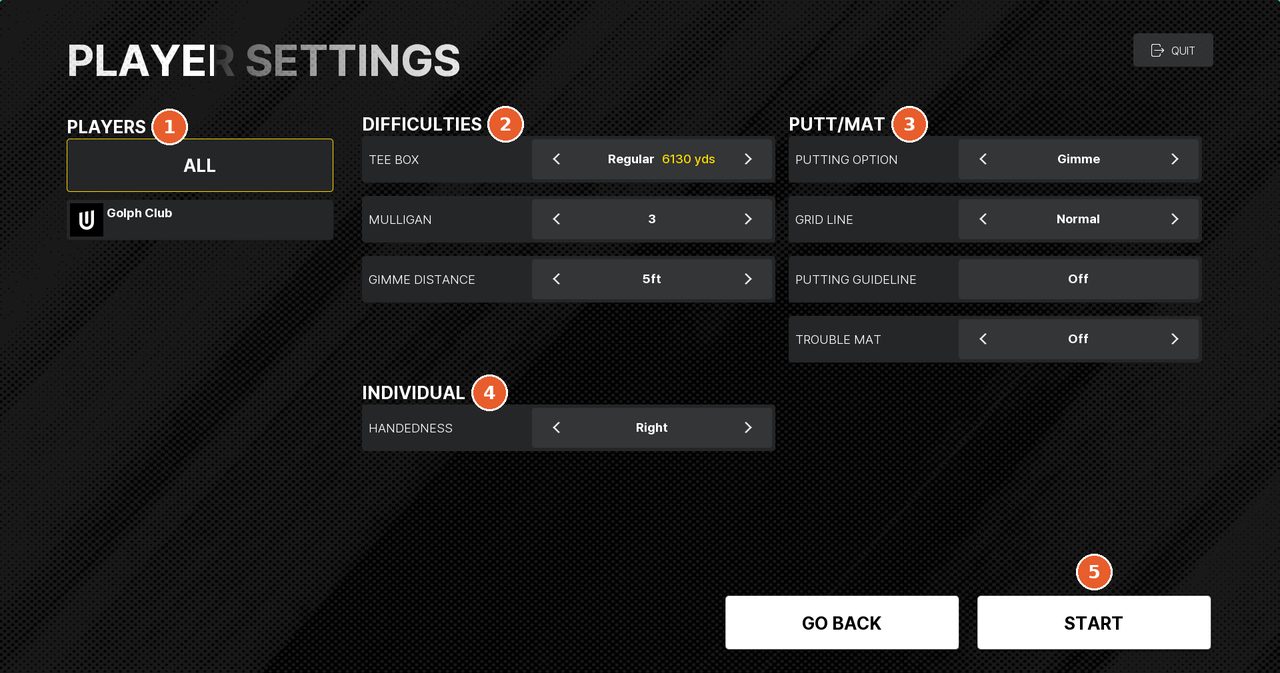 手元モニターの PLAYER SETTINGS。PLAYERS の ALL、DIFFICULTIES・PUTT/MAT・INDIVIDUAL の項目、右下に GO BACK と START